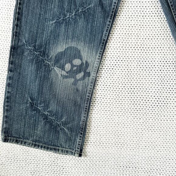 Muka Jeans Baggy Y2K Airbrushed Skull Stitches All Over Design Grunge Jeans 42 - Picture 6 of 16